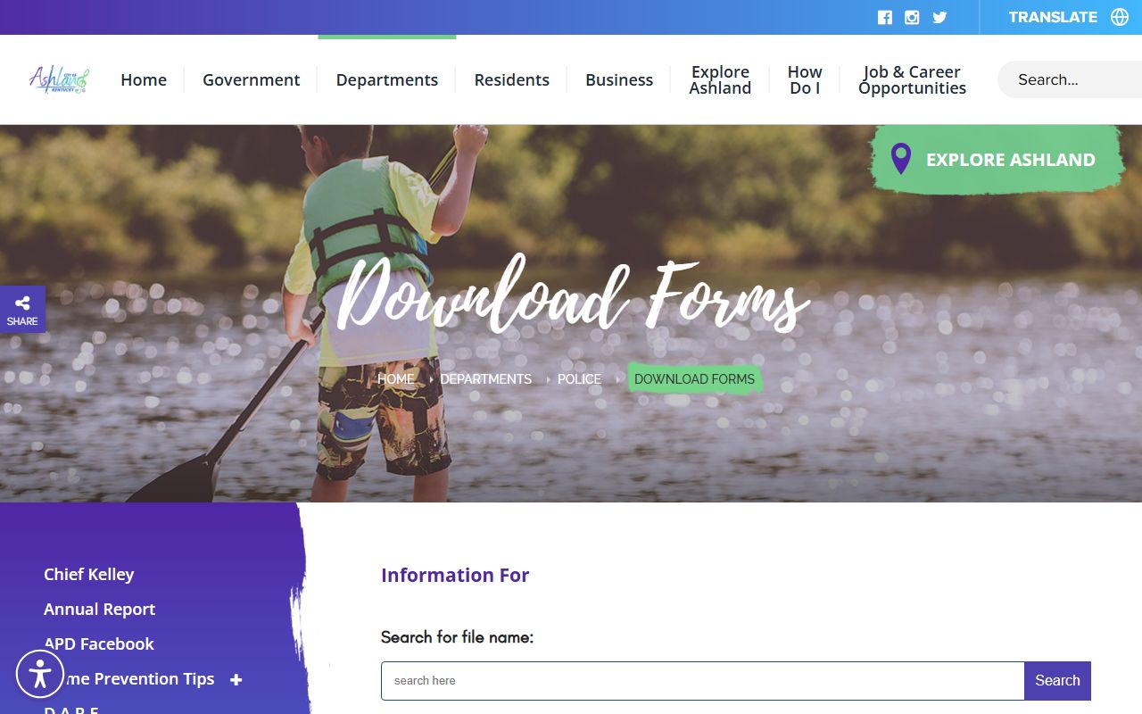 Ashland Police Department download forms page for records