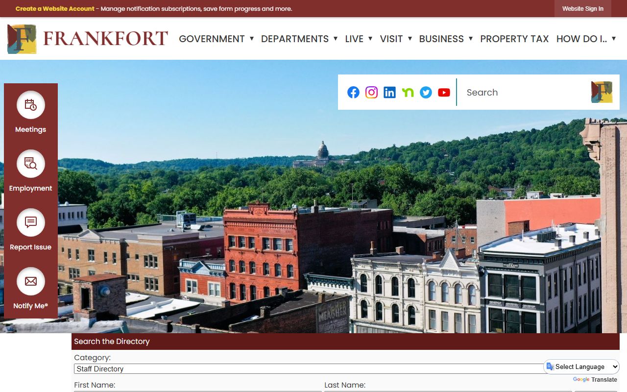 Frankfort city government directory page