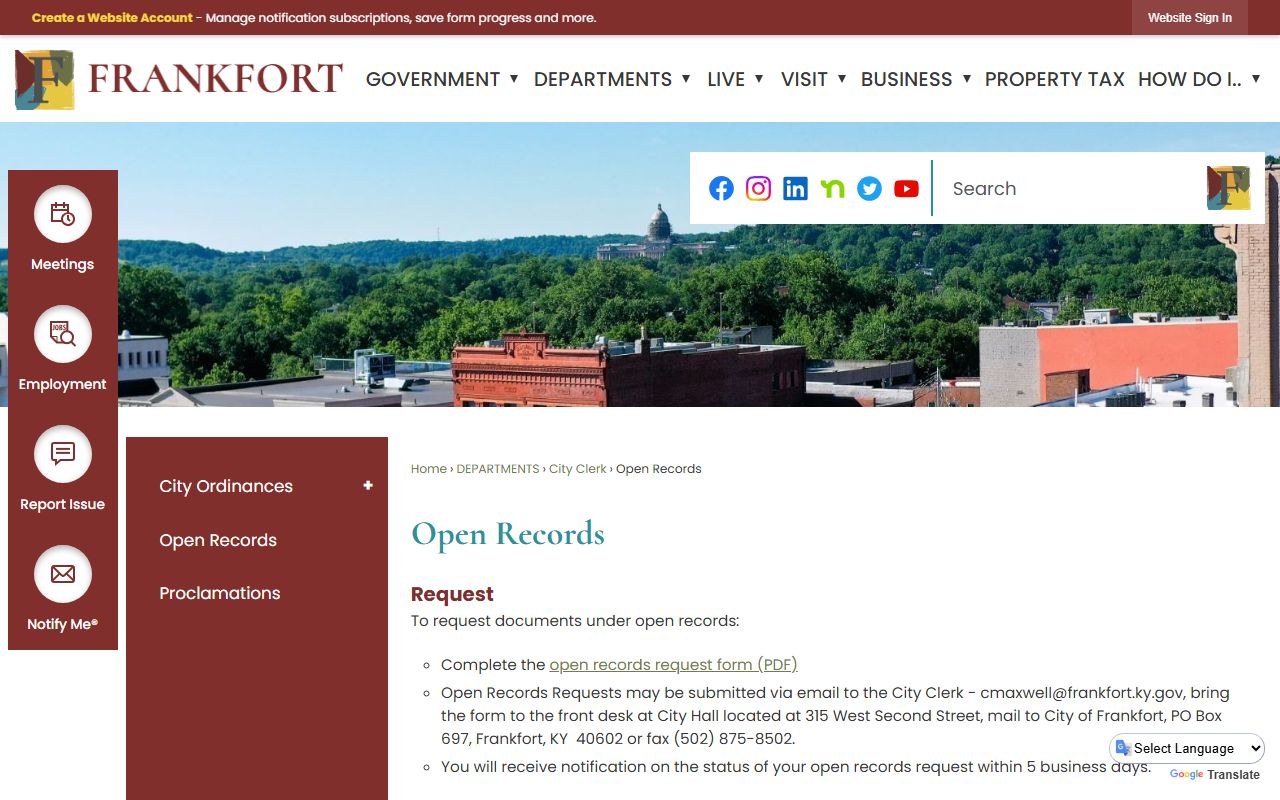 Frankfort city open records request page