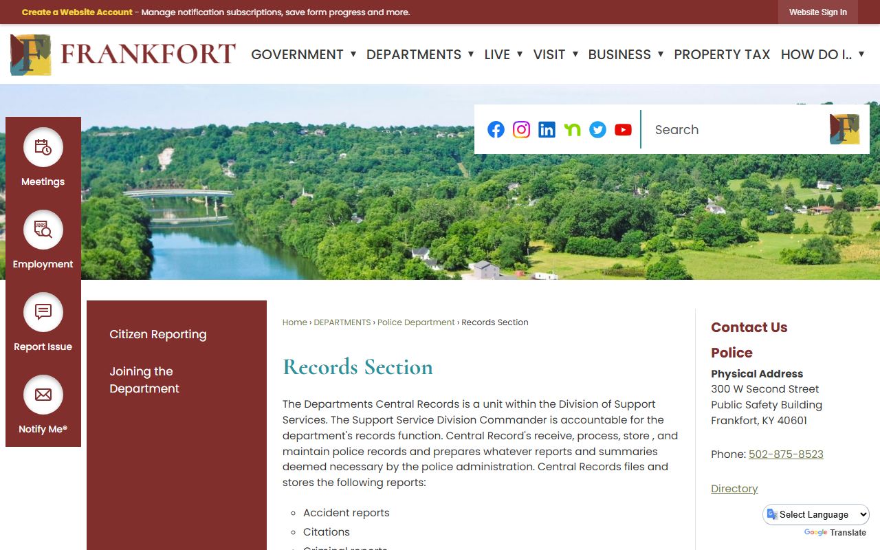 Frankfort Police Department Records Section information