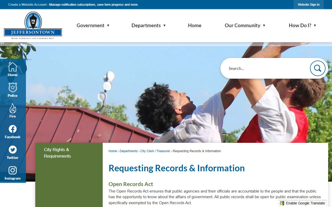 Jeffersontown city records request page