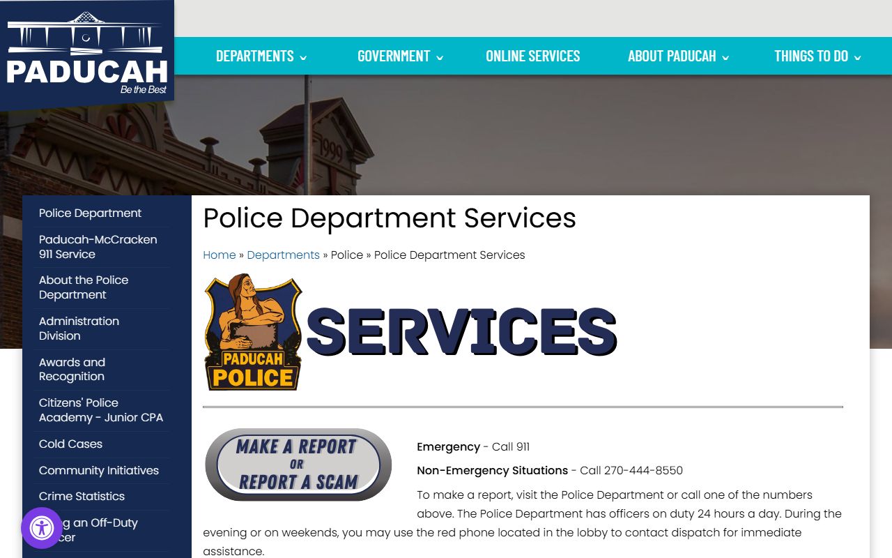 Paducah Police Department services and information page