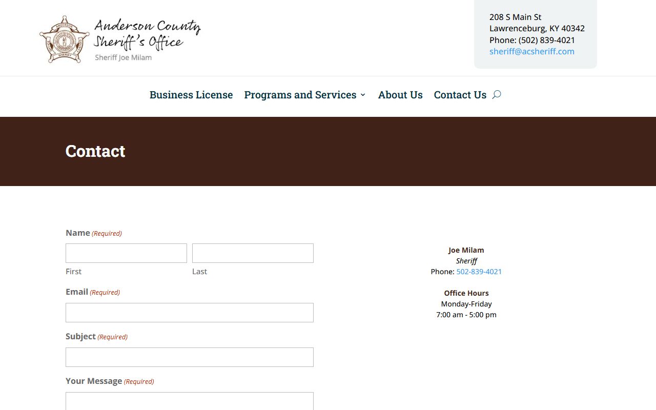 Anderson County Sheriff contact page