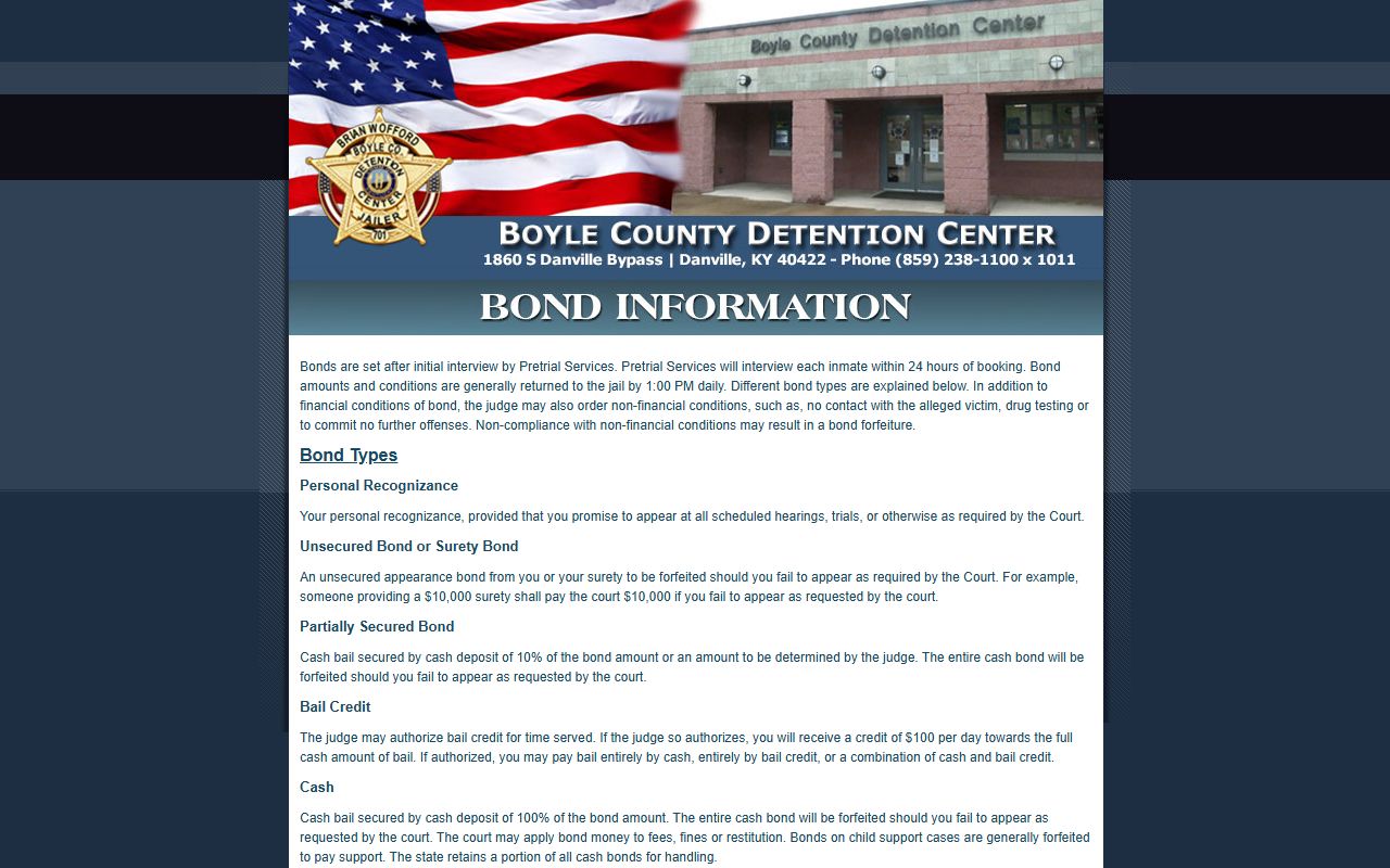 Boyle County bond information page showing bail options