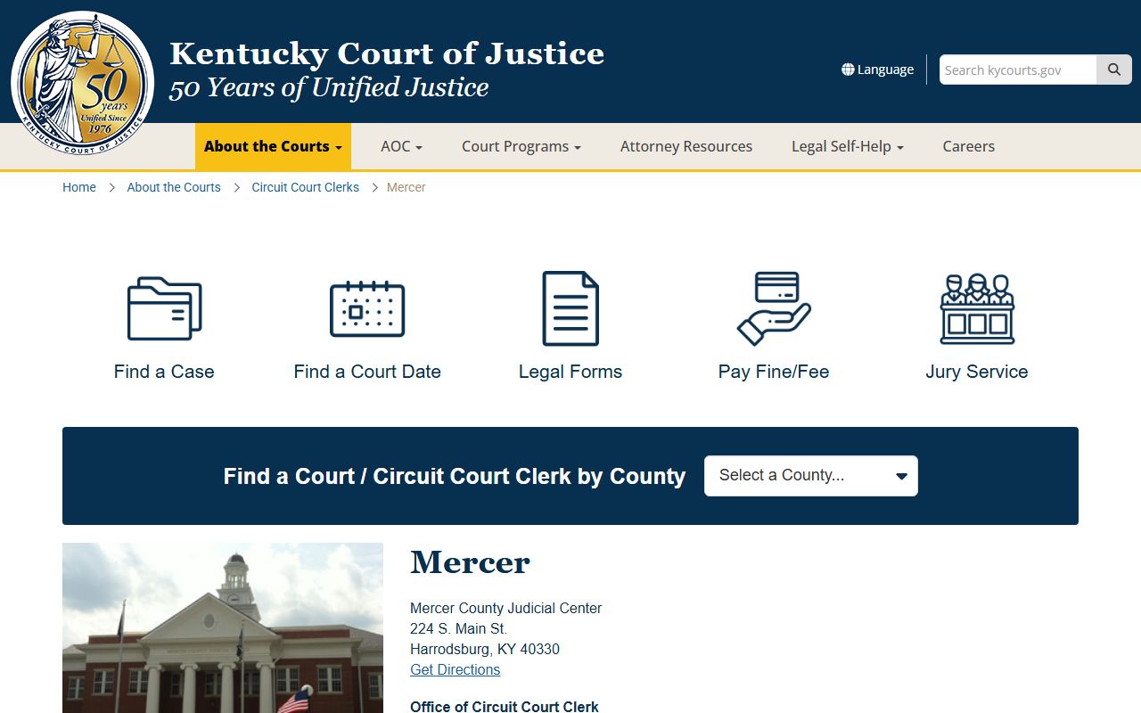 Mercer County Kentucky Circuit Court information page for criminal records