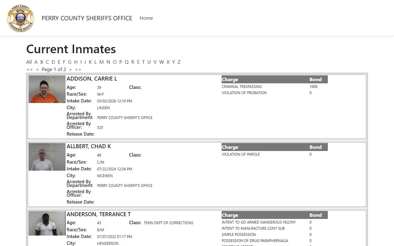 Perry County inmate search portal showing jail records